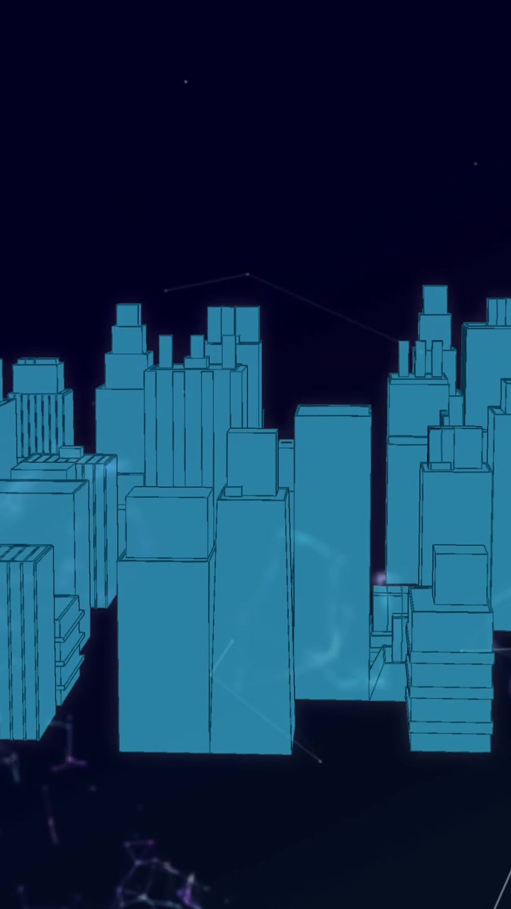 Modello di città 3D rotante su sfondo nero