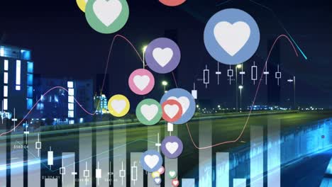 Multiple-heart-icons-and-statistical-data-processing-against-city-traffic-at-night