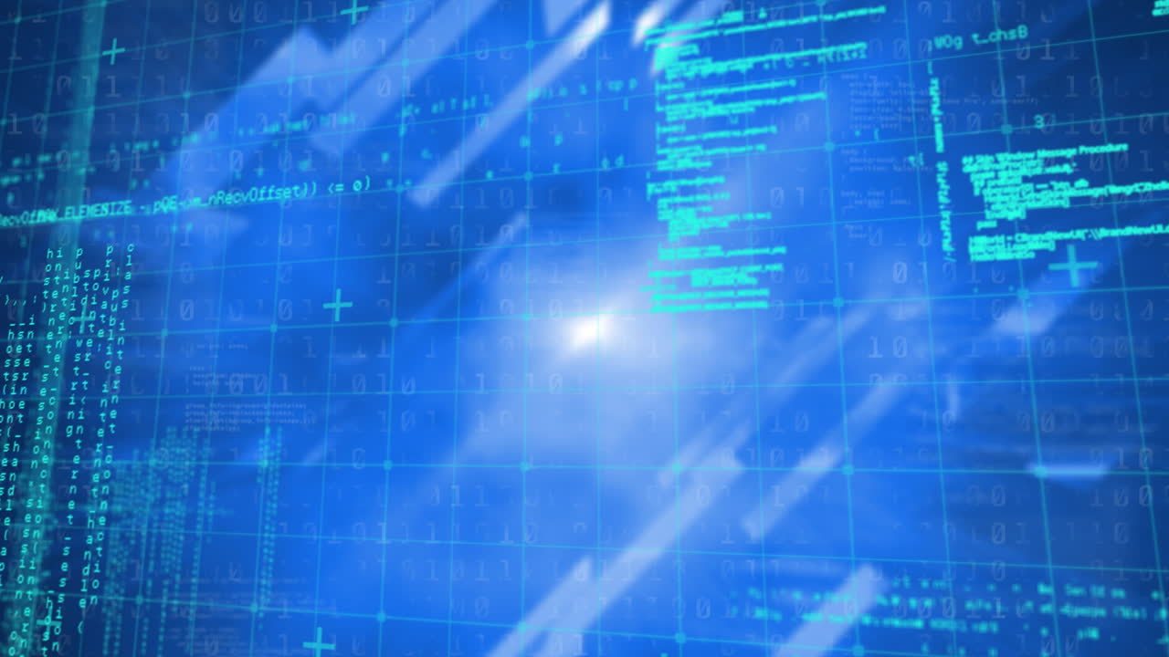 Binary code and light burst creating abstract animation on digital blue background