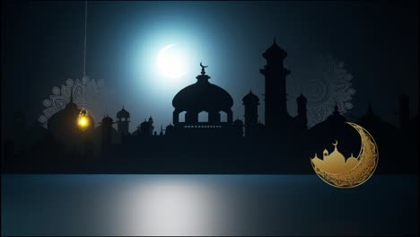 4k eid mubarak diseño islámico colgando linterna de vela de ramadán y mezquita, animación de fondo abstracta. eid muborak concepto de diseño islámico con ramadán. celebración religiosa de la fiesta musulmana asiática