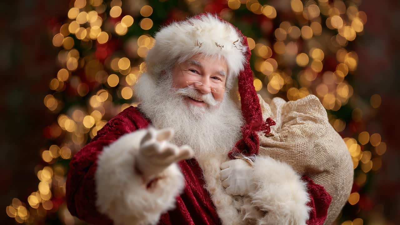 Un allegro Babbo Natale che diffonde gioia e buoni sentimenti, con un sacco di regali su uno sfondo festivo di luci natalizie scintillanti