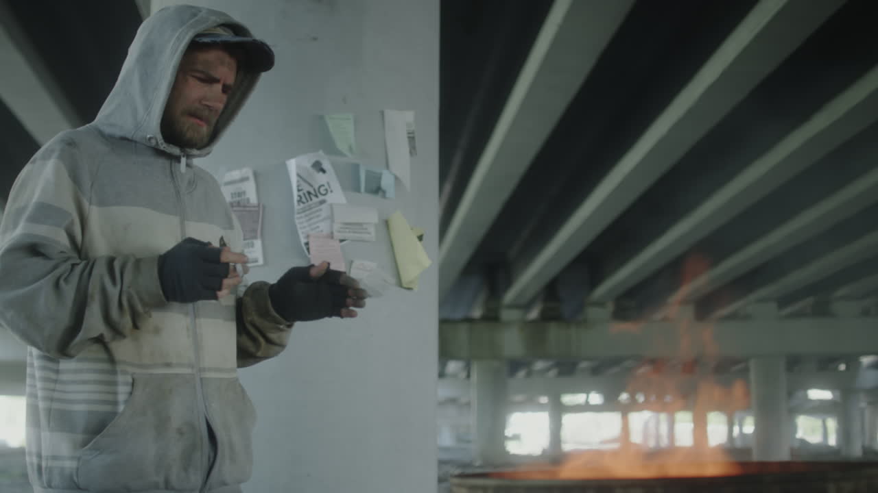 Homeless Man Smoking by Fire Barrel