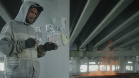 homeless man smoking by fire barrel