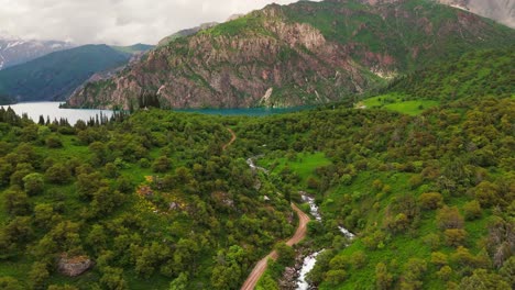 stunning aerial footage of sary-chelek lake, located in a mountainous region of western kyrgyzstan