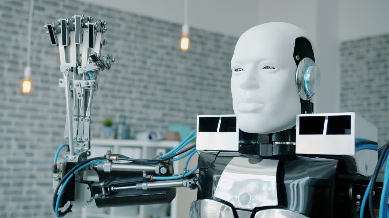 Close-up of a robotic arm and head