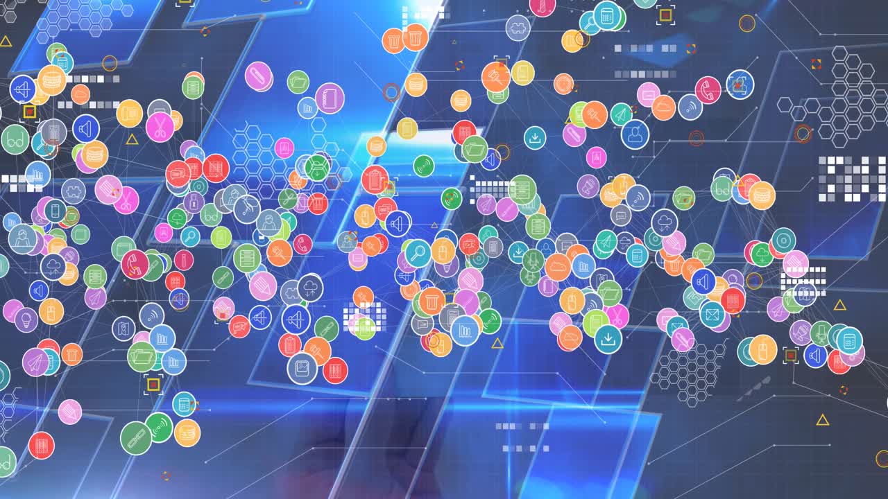 디지털 아이콘 네트워크의 애니메이션과 파란색 배경에 대한 통계 데이터 처리