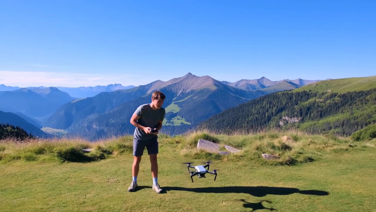 Uomo che pilota un drone su un prato di montagna, lancia un quadricottero da un altopiano erboso con telecomando, cielo sereno