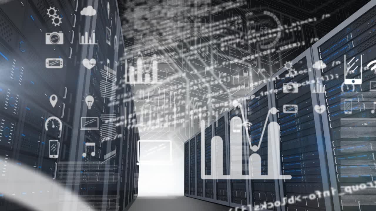 animación del procesamiento de datos y los iconos de los medios en la sala del servidor