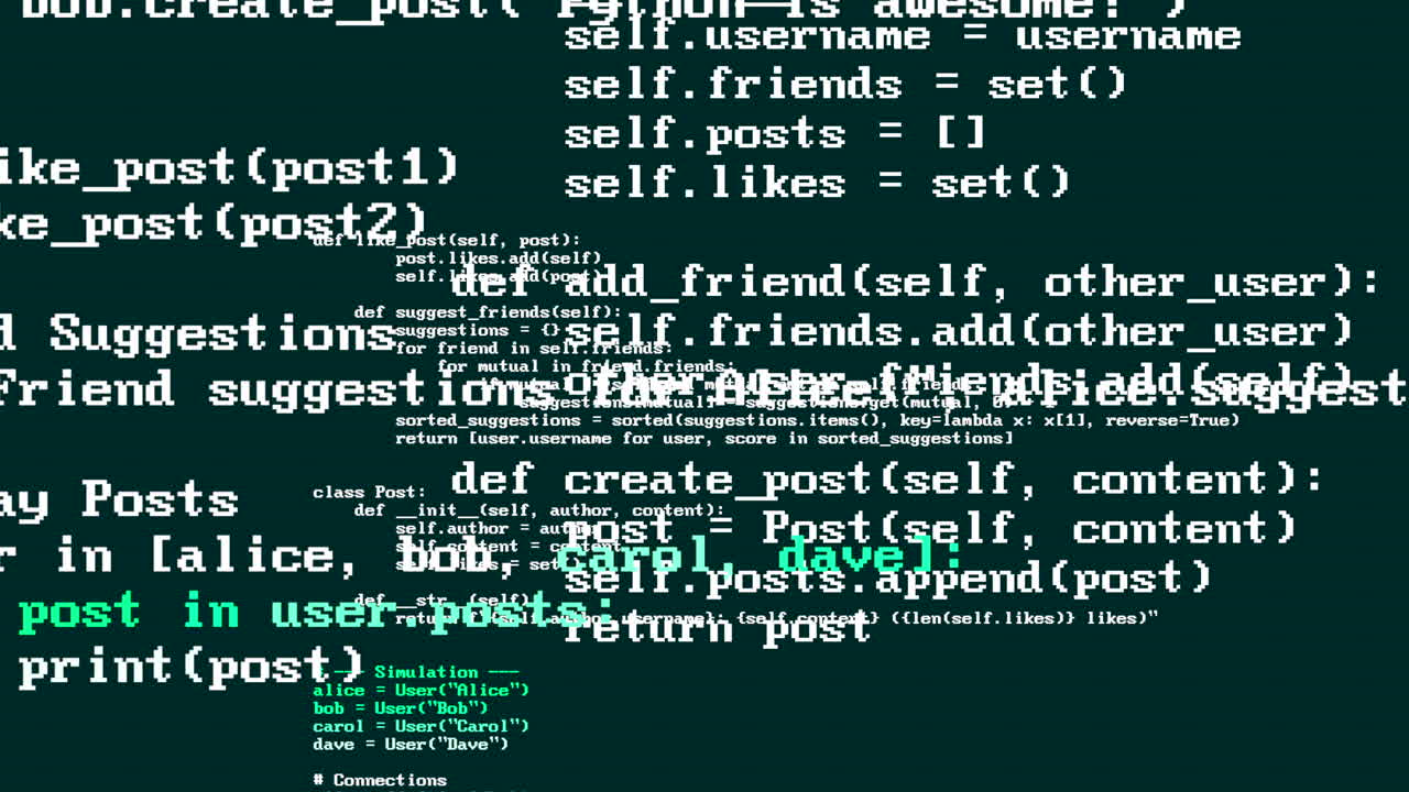 Animated computer code text overlays display social network data