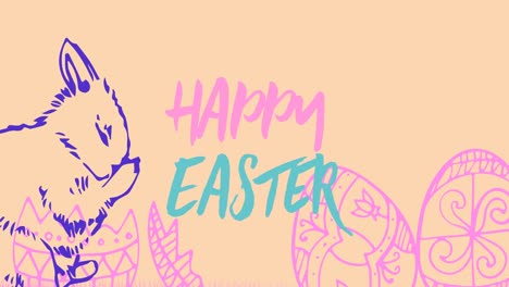 animation of happy easter text with easter bunny and decorated easter eggs on yellow background