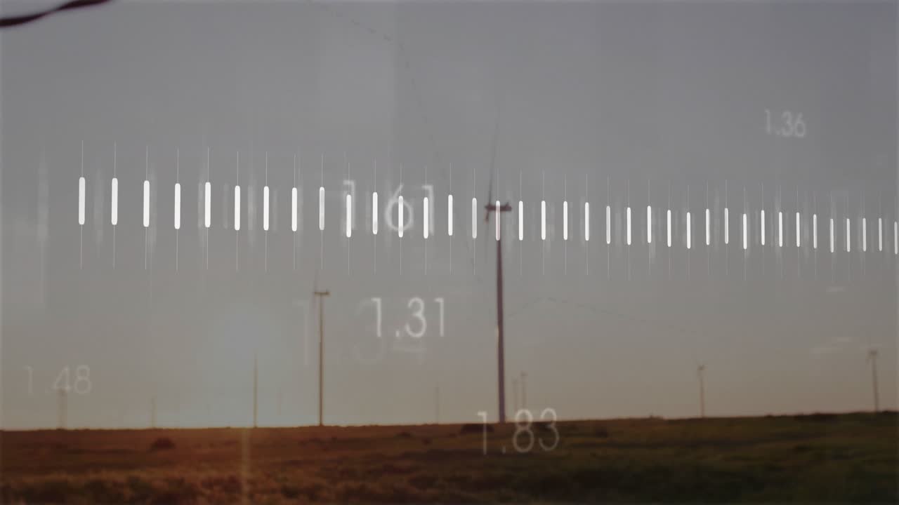 Data display emerging on barbed wire, moving view unveiling wind turbine rotating showing readings