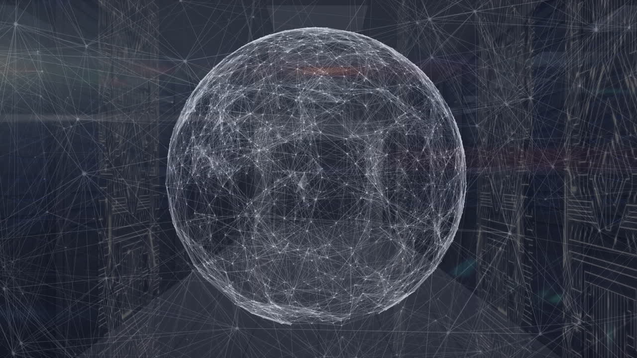 animación de la red de conexiones y el globo sobre la sala del servidor