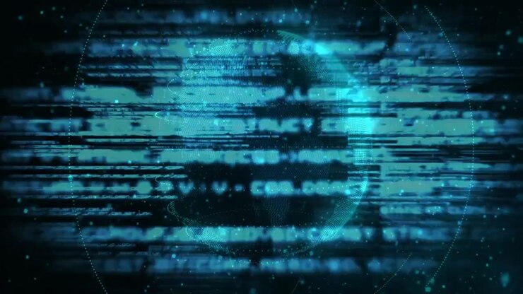 Faint digital Earth globe appearing scanning bars glitching code globe reappearing visualizing data