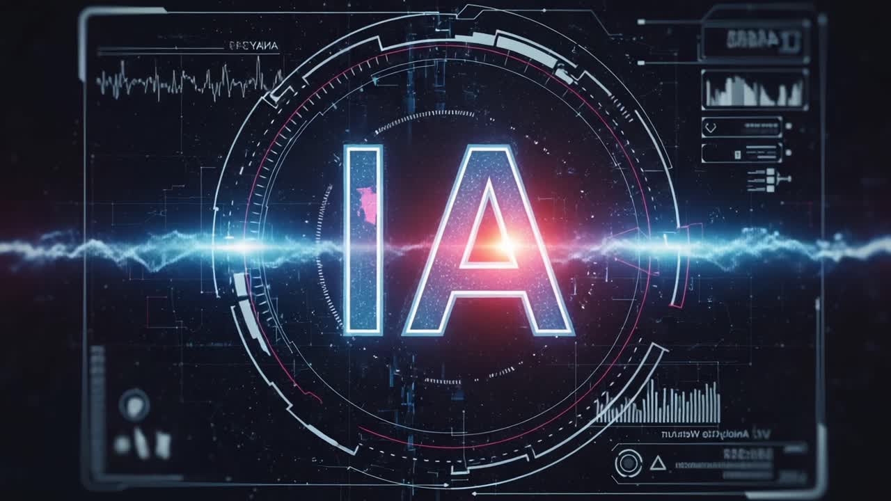 Futuristic Digital Interface Showcasing 'IA' in a High-Tech Design, Featuring Dynamic Visuals and Data Overlays, Emphasizing Artificial Intelligence and Modern Technology Concepts