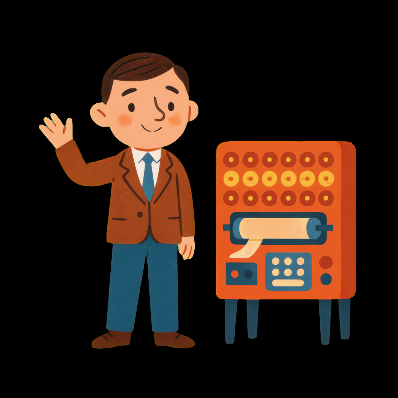 Retro illustration man machine animation isolated asset, transparent 4K video, alpha channel, ProRes