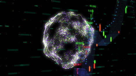 Animation-of-financial-data-processing-and-globe-with-connections-over-black-background