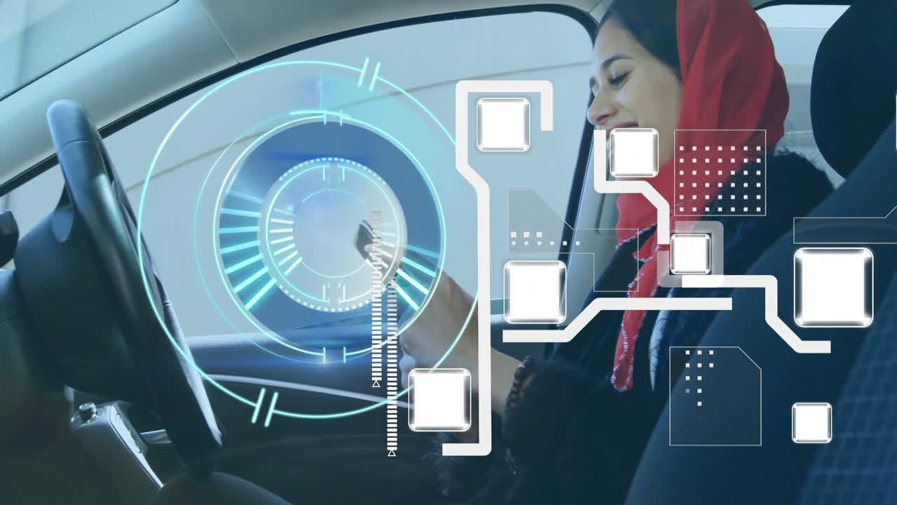In car, woman using smartphone with animation of futuristic digital interface