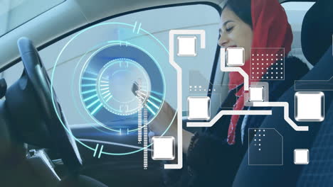 In car, woman using smartphone with animation of futuristic digital interface
