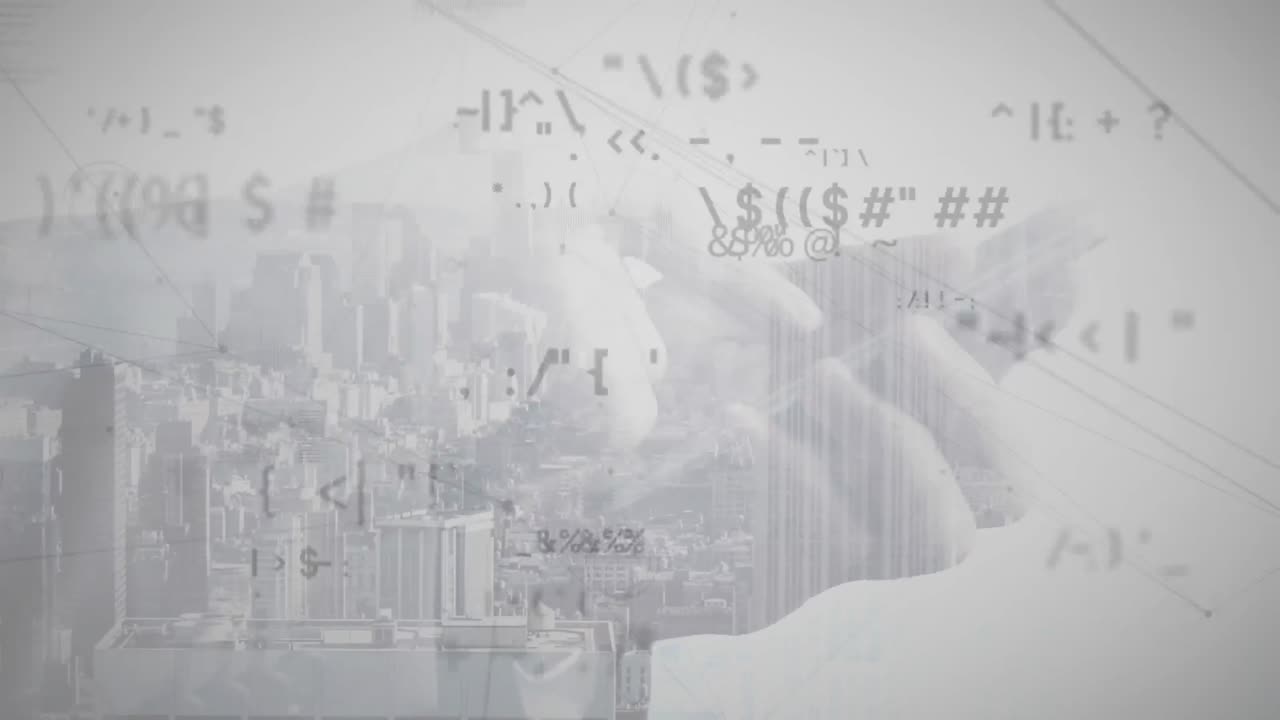 스마트 폰을 사용하여 사람의 중간 부분에 대한 연결 네트워크와 변화하는 기호의 애니메이션