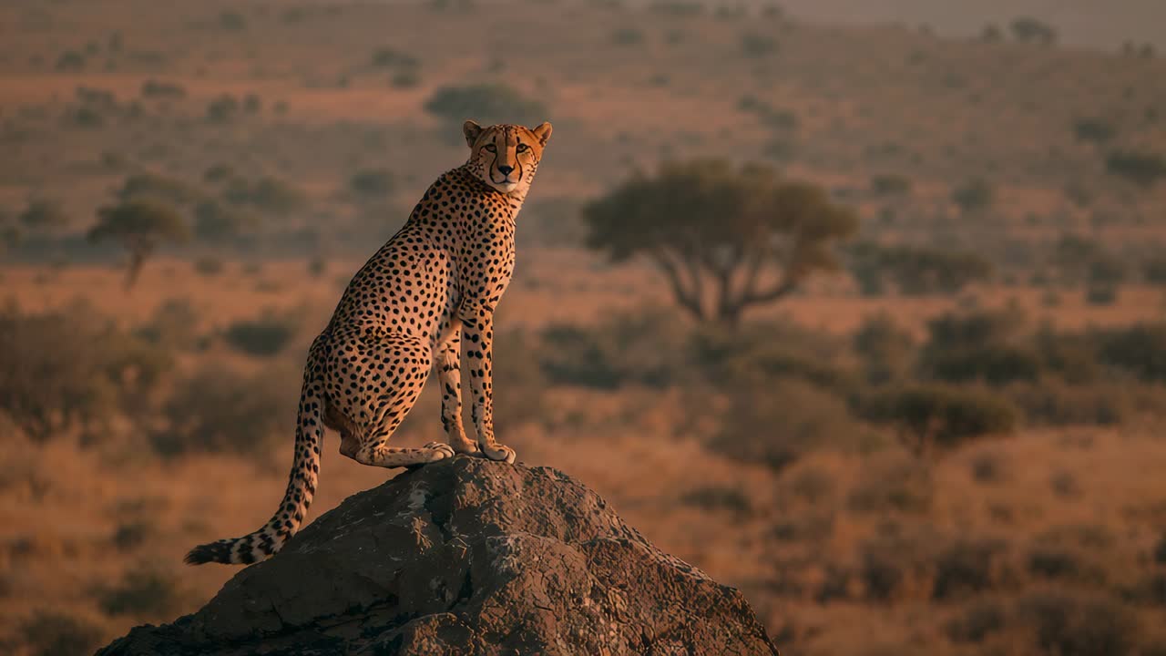 Perching solitary cheetah scanning savanna at dawn and pricking ears at rustle, with rocky outcrop