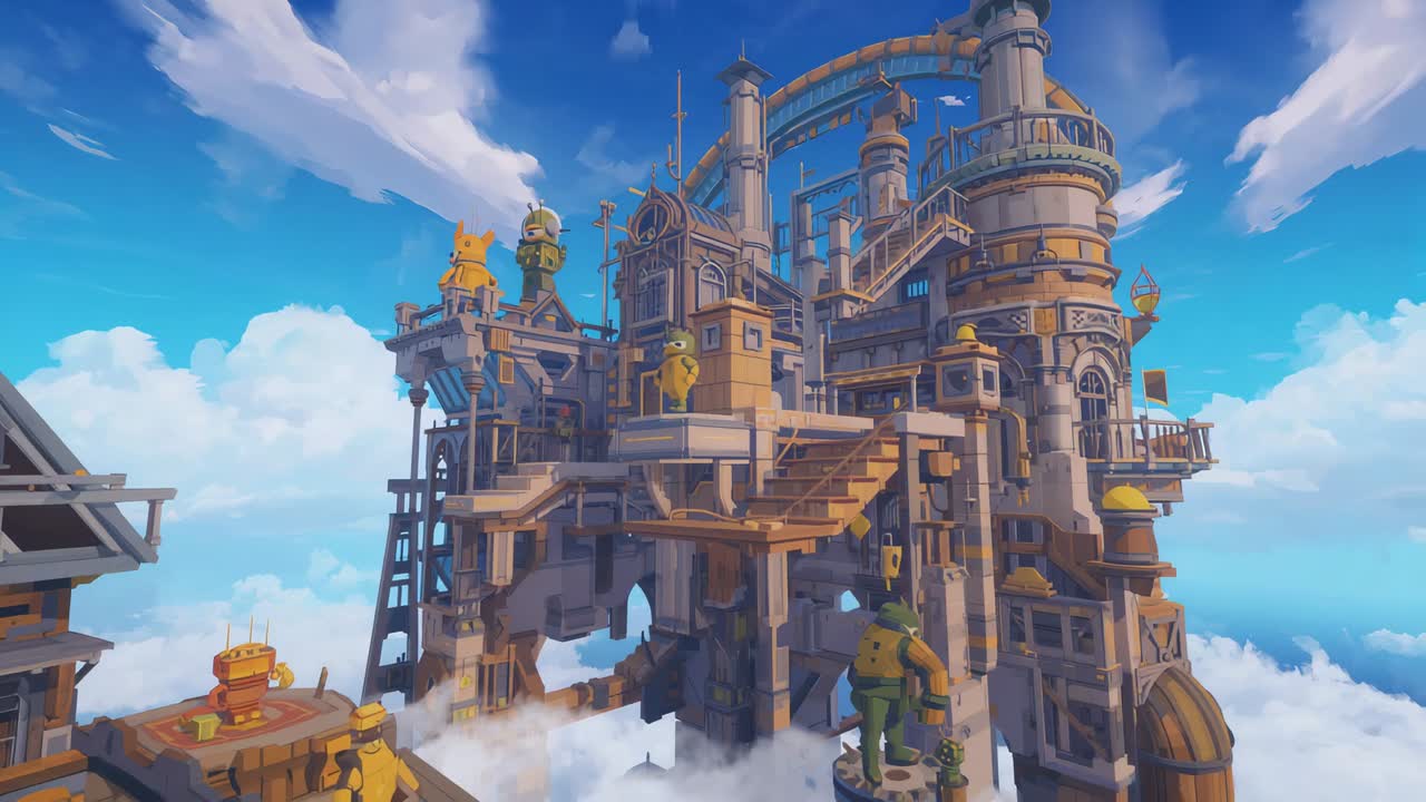 Caméra en mouvement révélant un complexe céleste steampunk au-dessus des nuages, montrant des escaliers, des robots de travail et des caisses