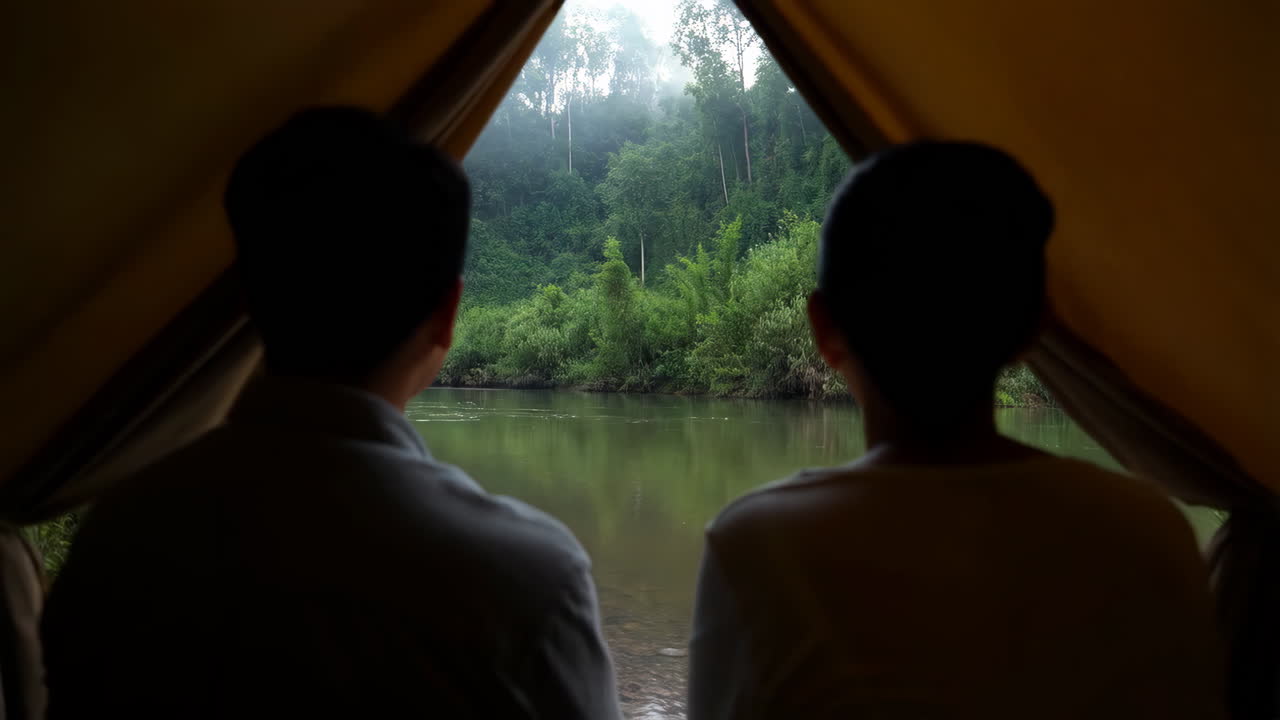 Two people looking out from a tent at a serene river and misty forest