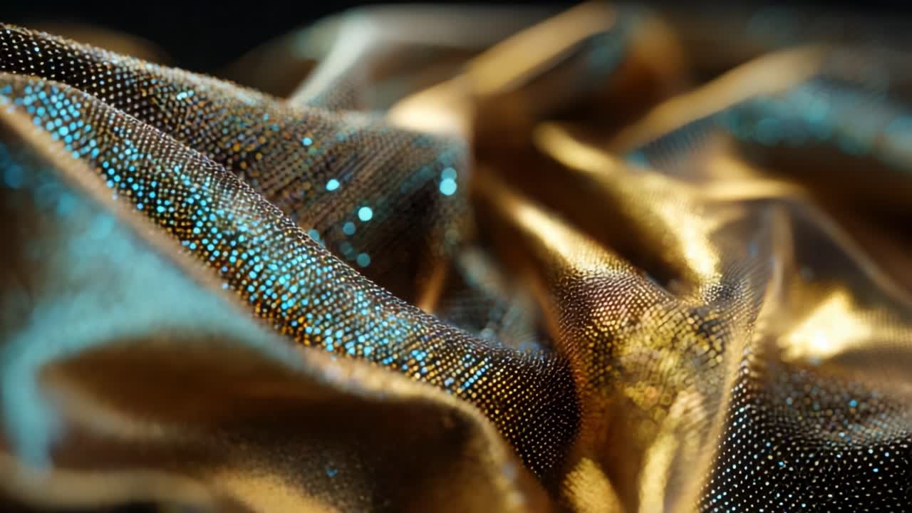 Captivating Close-Up of Shimmering Fabric with Intricate Textures and Sparkling Patterns, Showcasing the Beautiful Contrast of Gold and Blue Glitter Effects