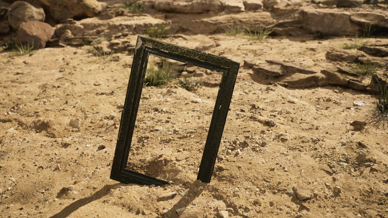 Unique empty frame stands in the sandy desert landscape under bright sunlight
