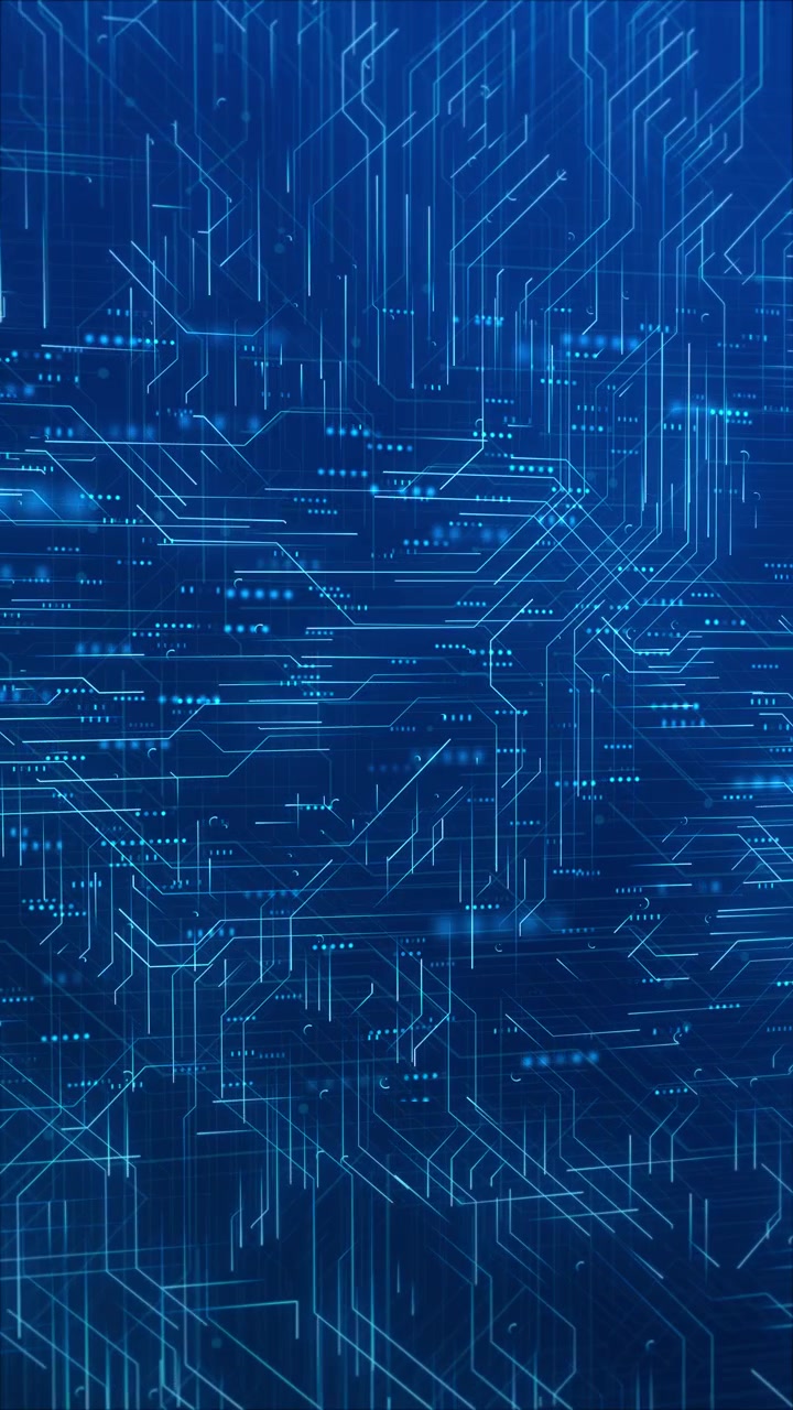 Blue circuit board technology background with glowing electronic paths dotted nodes and layered