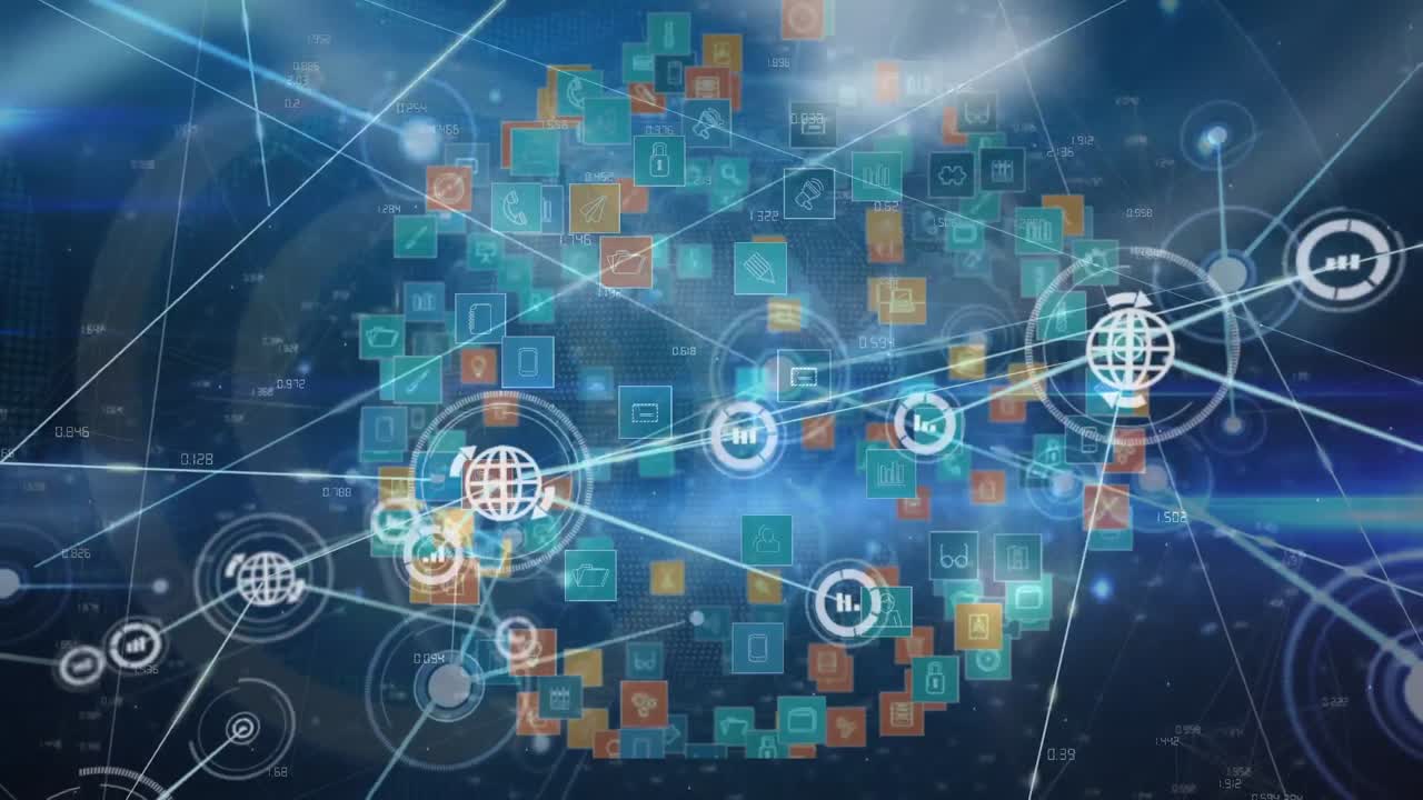 animación de una red de globos y iconos de información que transfieren datos a través de luces azules brillantes