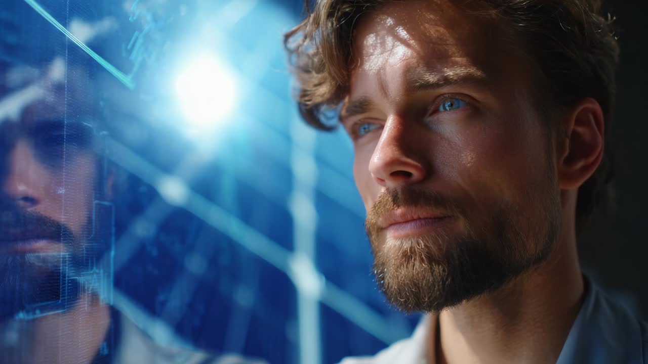 A contemplative young man gazes intently at a glowing digital interface, reflecting on data visualization and technology, showcasing modernity and innovation in a futuristic setting