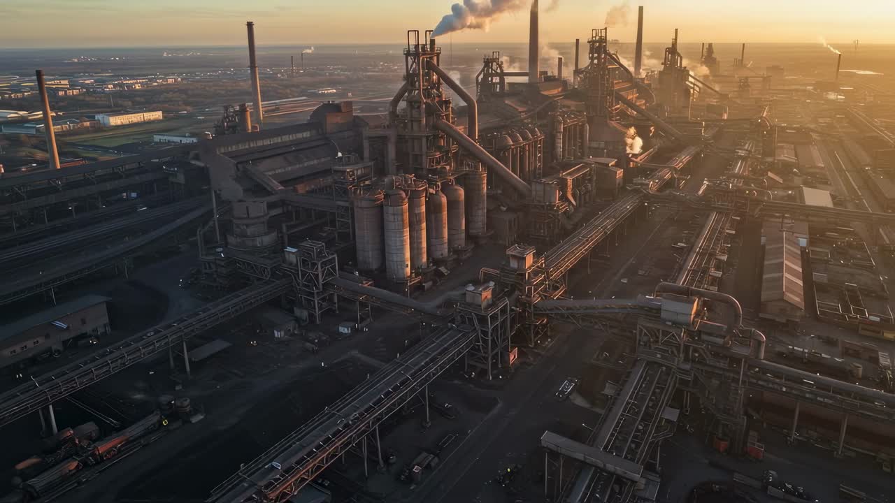 Industrial complex at sunset with smokestacks emitting vapor and machinery operating in a vast manufacturing area