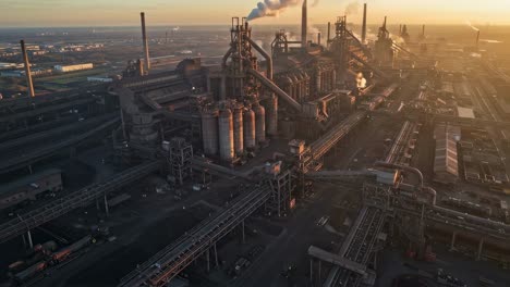 industrial complex at sunset with smokestacks emitting vapor and machinery operating in a vast manufacturing area