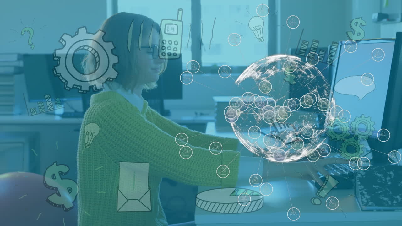 animación del globo con una red de conexiones sobre una mujer de negocios que utiliza una computadora en la oficina
