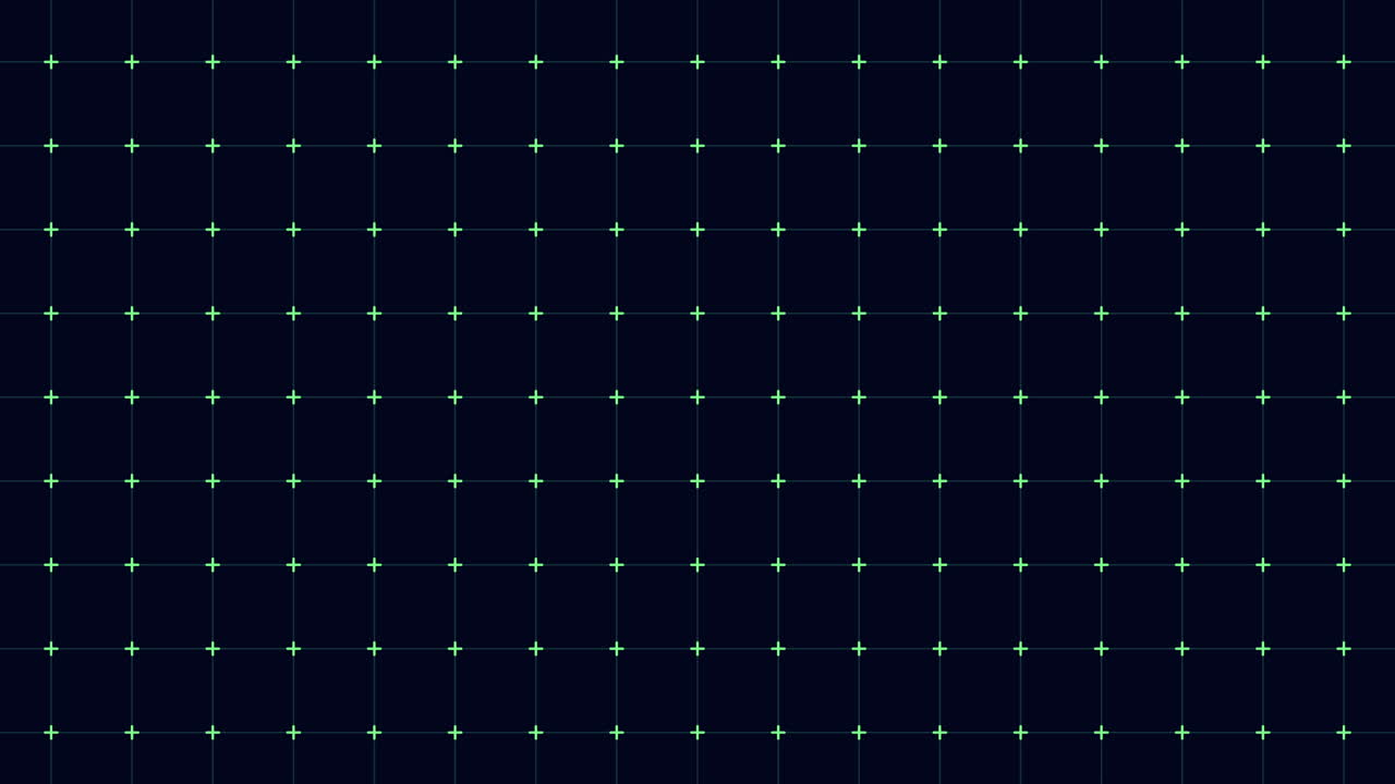 Futuristic digital grid on dark blue background with glowing green cross markers and subtle lines, ideal for technology interfaces, HUD overlays, and data visuals
