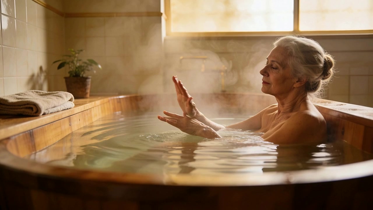 Percependo il vapore, una donna anziana alza le mani, meditando in una vasca di legno in bagno, con spazio per il testo.