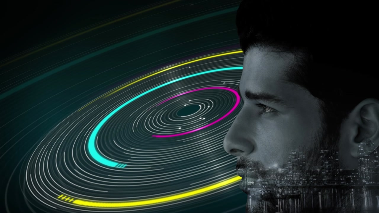 Animation of light trails and cityscape over man
