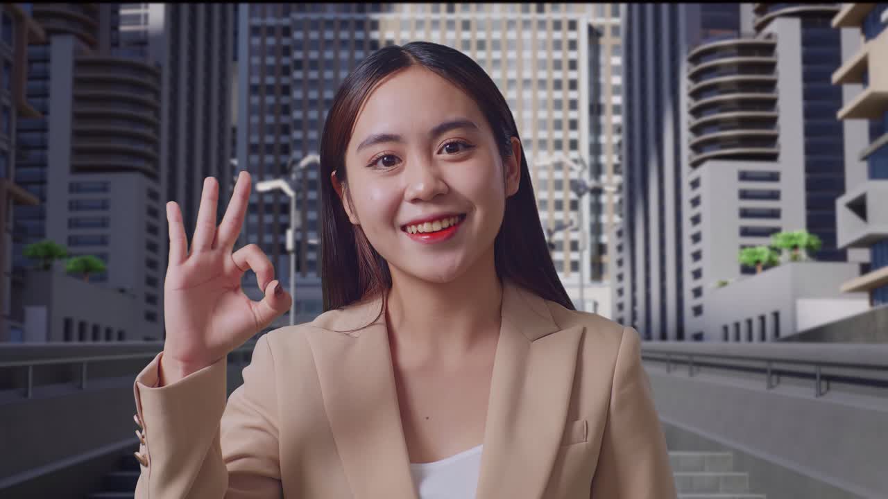 현대 도시 건물 앞 에서 ok 표지판 을 주는 사업가