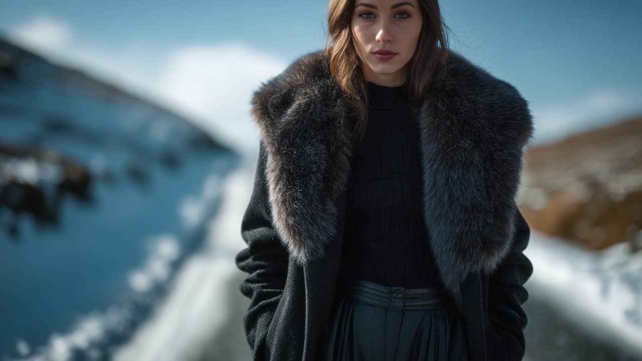 Mannequin élégant dans un luxueux manteau doublé de fourrure, posant dans un paysage enneigé avec une expression saisissante sous un ciel lumineux, présentant la mode au milieu d'un décor hivernal.