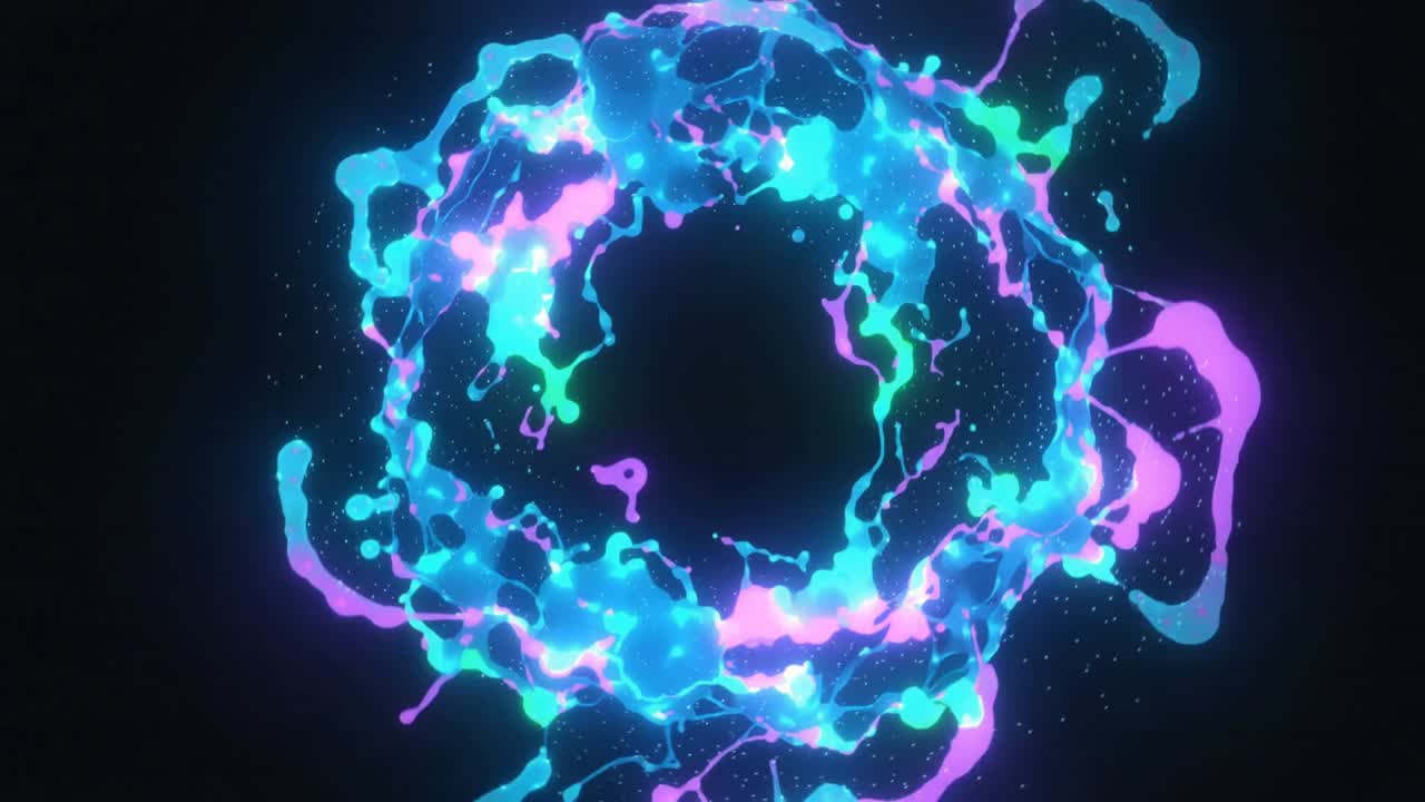 Toroide di fluido a forma di anello al neon che si espande su uno sfondo nero, con bagliore pulsante e alone di particelle
