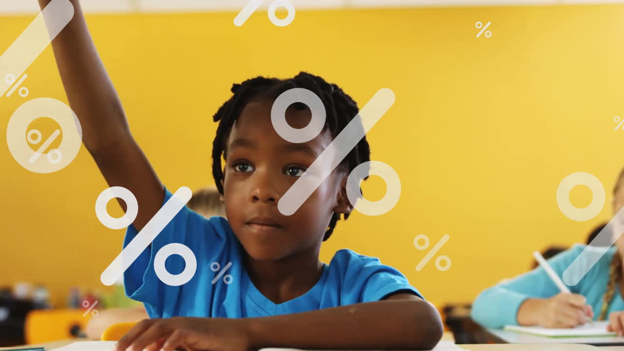 Animation of percentage symbols over african american boy raising hand against yellow background