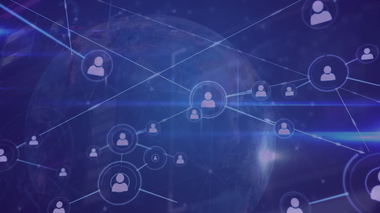 Animation of connected user icons over Earth in digital network concept