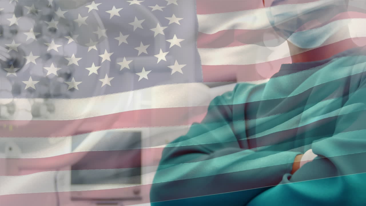 수술실에서 여성 외과의사 위에 흔들리는 미국 국기의 애니메이션