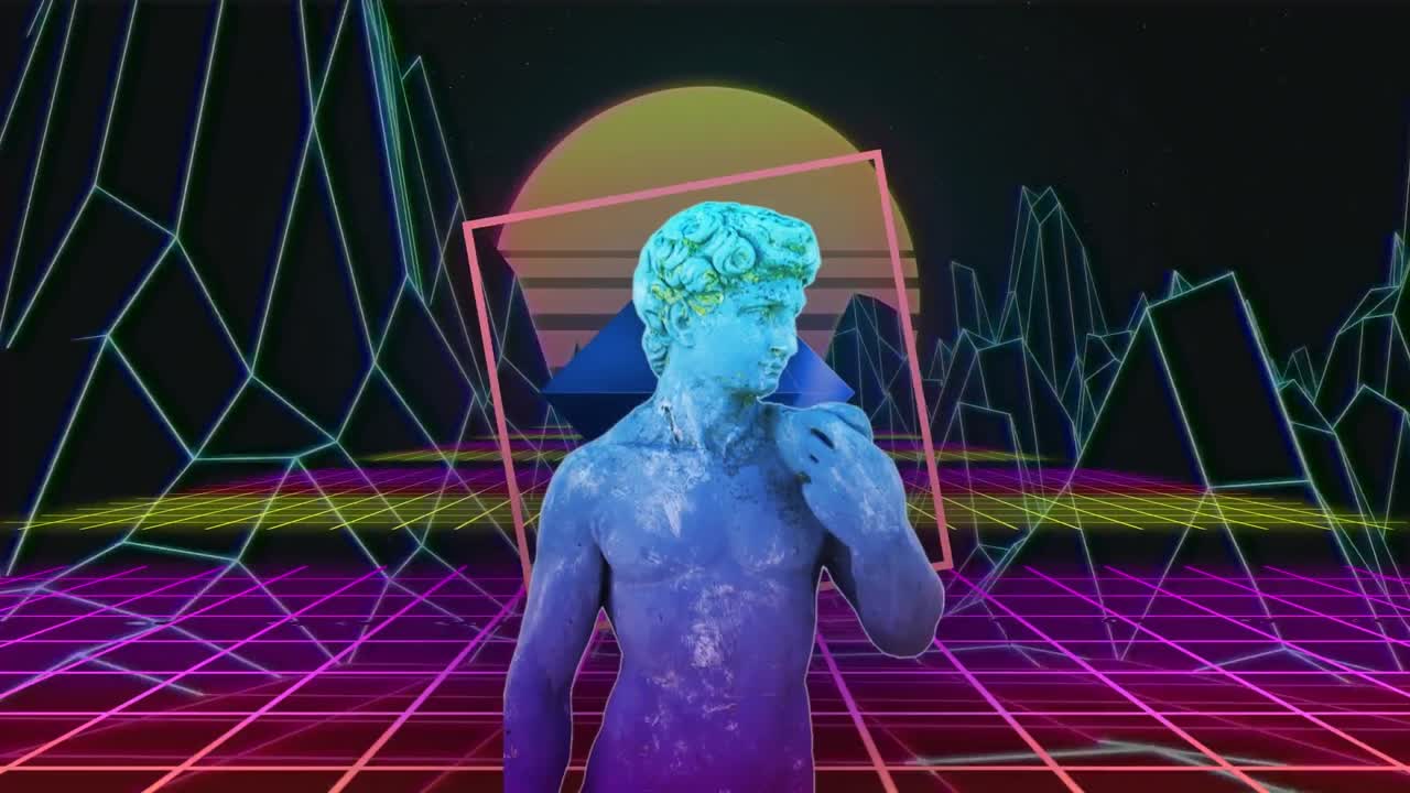 Animation of sculpture with interference over neon shapes and digital mountains on black background