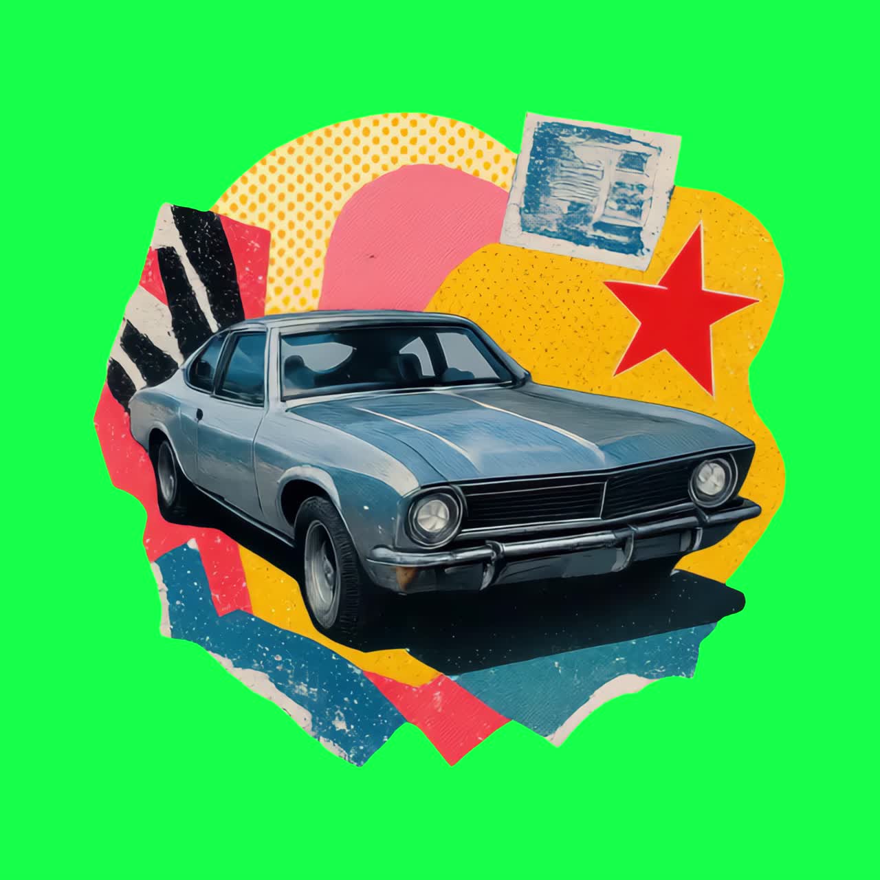 Collage di auto retrò con animazione vivace, video 4K trasparente, green screen