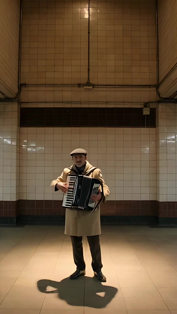 Video verticale: Anziano artista di strada suona su una banchina, con fisarmonica, cappotto e berretto, mentre un pendolare passa a sinistra.