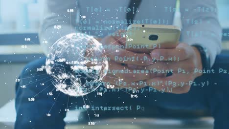 animación del procesamiento de datos y el globo sobre el hombre utilizando un teléfono inteligente