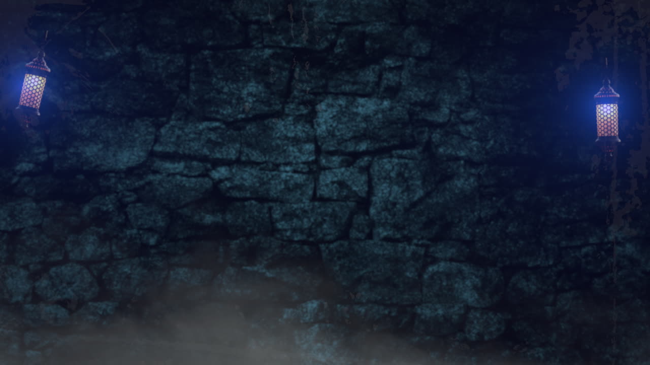 las luces azules encantadoras iluminan la misteriosa pared de piedra.