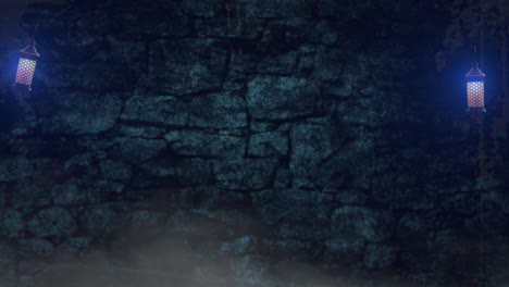 enchanting glow blue lanterns illuminate eerie stone wall