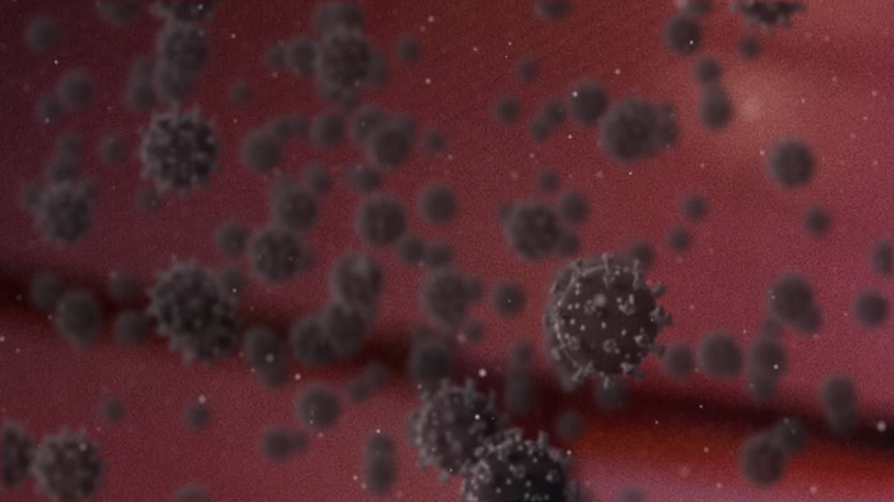 Animazione di cellule Covid-19 che fluttuano su sfondo rosso.